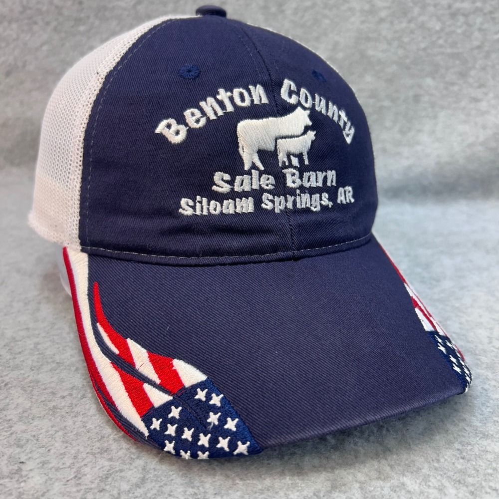 Benton County Sale Barn Mens Blue Outdoor Cap Trucker Hat USA Flag Brim OSFM